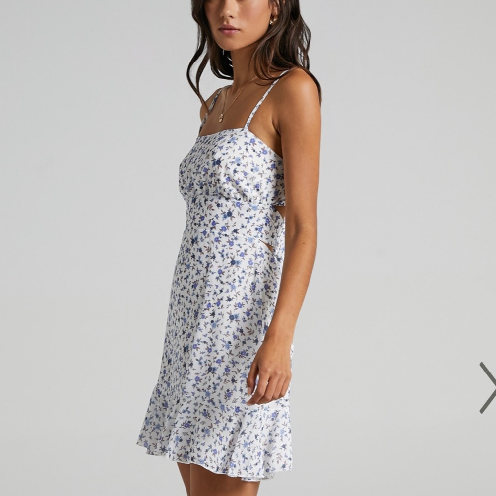 Showpo White Mini Dress with Blue Floral Print